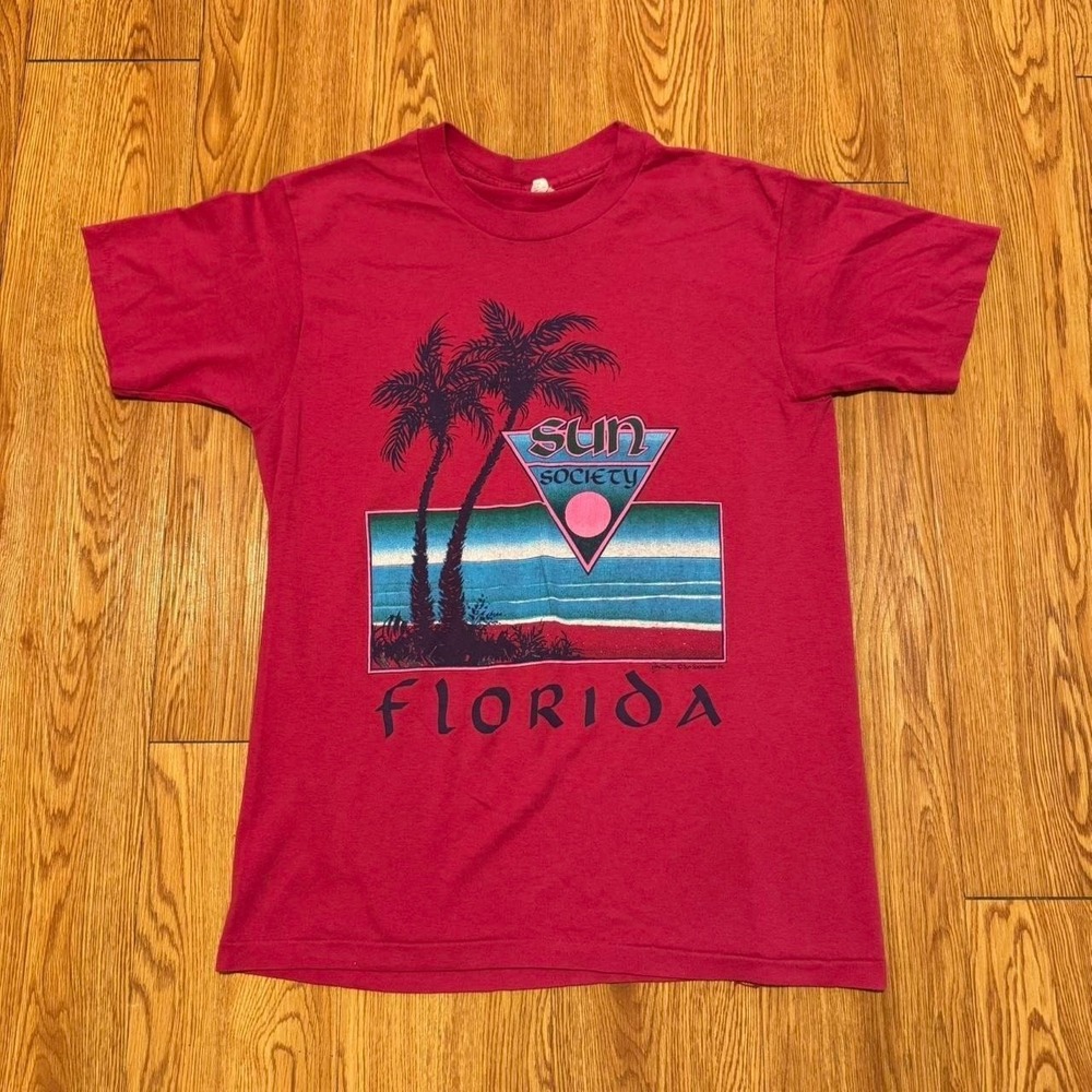 Vintage Florida Men's Shirt Pink Sun Society Vacation 80s Destination Size Med
